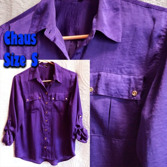 Chaus Deep Purple Silky Button Down Collared Blouse Top Size SMALL (T-204) - Picture 1 of 13